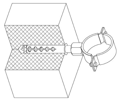 схематический рисунок установки хомута посредством дюбеля в газобетон